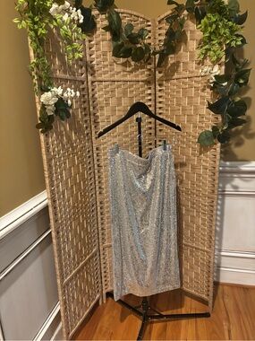 Silver Sequin Midi Skirt with Draped Waist